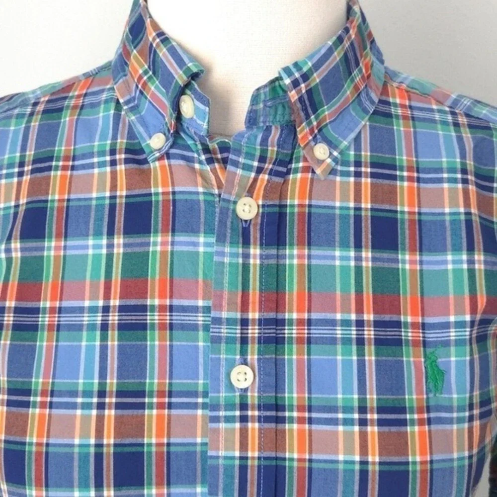 Ralph Lauren Blue Green Orange Plaid Short Sleeve Button Down Shirt- Child Boy M
